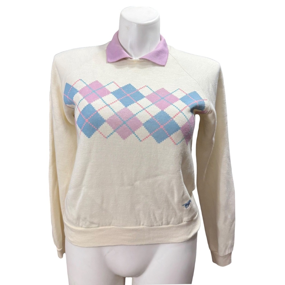 Vintage Wrangler Argyle Sweatshirt Cream Pink Blue Polo Collar Made in USA M